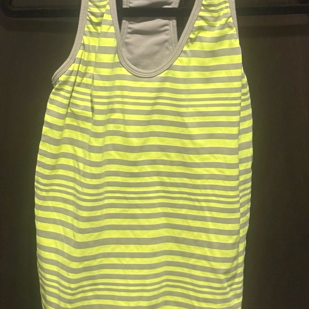 Athleta Striped Racerback‎ Tank Top Neon Yellow Gray Medium Built-In Bra